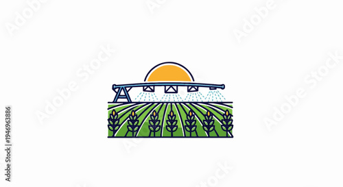 Illustration of a modern irrigation system watering green crop fields under a bright yellow sun