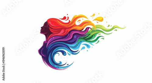 Vibrant silhouette of a woman with flowing, colorful, rainbow-hued hair resembling liquid or paint splashes