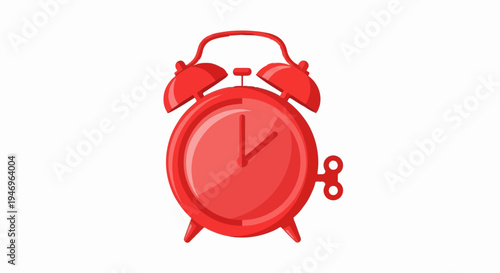 A vibrant red classic alarm clock with twin bells and a winding key, illustrated on a clean white background