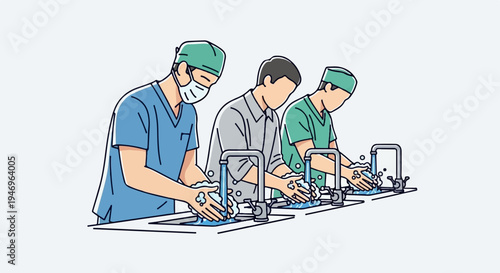Illustration of three people, two in scrubs, washing hands thoroughly at sinks with soap and water