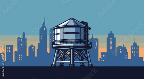 An illustrative pixel art water tower stands tall above a city skyline with a serene, striped sky