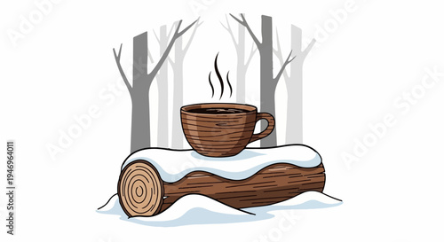 A steaming wooden cup rests on a snow-covered log in a minimalist winter forest scene