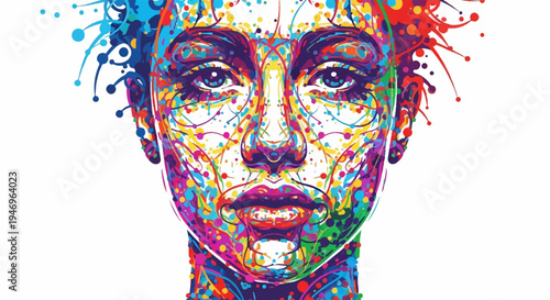 Vibrant abstract artwork of a human face rendered with colorful paint splatters and expressive lines