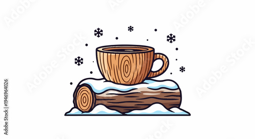 Illustration of a wooden cup with hot drink on a snow-covered log, surrounded by falling snowflakes