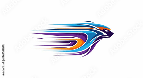 Abstract, dynamic graphic of a fast-moving stylized lion head in vibrant blue, purple, and orange