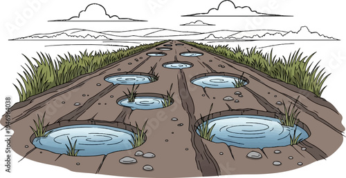 A rustic dirt road stretching into the distance, filled with numerous puddles, flanked by green grass