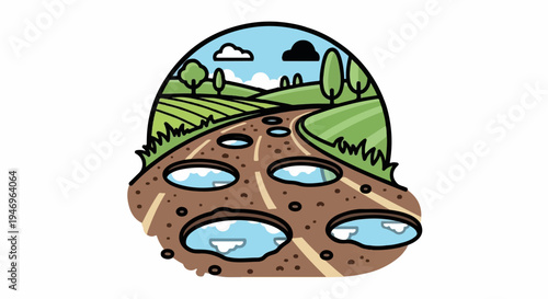 Cartoon illustration of a bumpy, potholed road with puddles winding through green fields under a partly cloudy sky