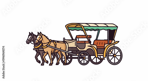 An illustration of two horses pulling a traditional passenger carriage with a canopy on a white background