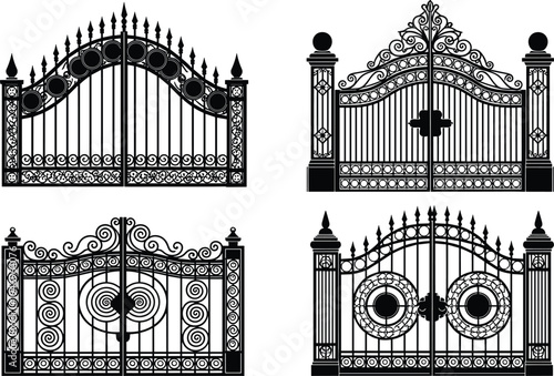 A decorative set of ornate wrought iron gate silhouettes with intricate floral swirls and classic Victorian architectural metalwork designs for luxury home entrance security.