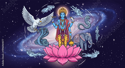 Blue-skinned deity on pink lotus in cosmic galaxy, surrounded by diverse creatures and celestial beings