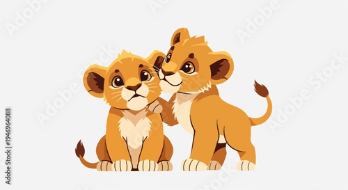 Two adorable cartoon lion cubs, one sitting and one standing, interacting playfully on a white background