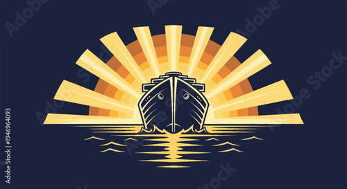 Front view of a stylized ship on water with sun rays behind, vintage travel poster aesthetic