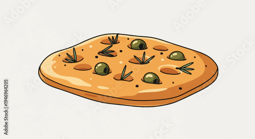 Cartoon focaccia bread with green olives and rosemary herbs, baked golden brown, simple white background