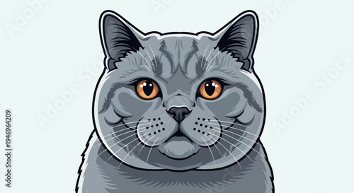 A charming vector illustration of a fluffy grey cat's head with bright orange eyes looking forward