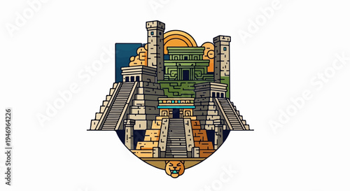 Illustrated ancient jungle temple complex with pyramids, structures, sun, and an animal motif at the base