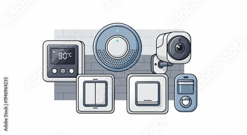 A collection of smart home devices thermostat, speaker, security camera, light switches, and remote control