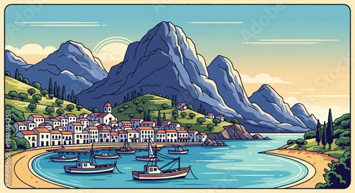 Vibrant pixel art illustration of a serene coastal village, mountains, and bay with fishing boats