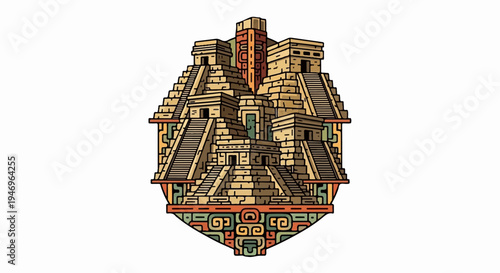 Intricate illustration of an ancient stepped pyramid complex, featuring multiple stone structures and cultural patterns on white