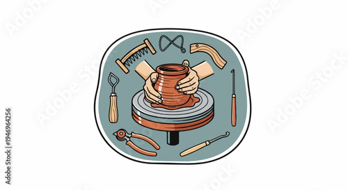 Illustration of hands shaping clay on a potter's wheel, surrounded by various pottery tools