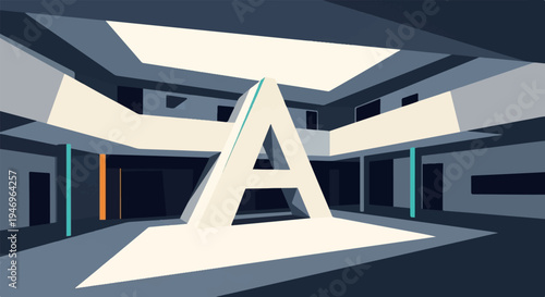 A large, minimalist 'A' structure stands within a modern, multi-level architectural interior