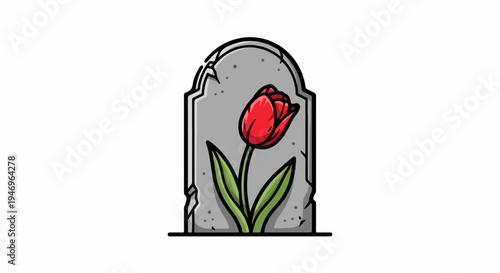 A vibrant red tulip plant grows from behind a weathered gray tombstone, symbolizing remembrance and life