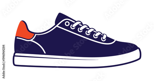 Stylish vector of a dark blue sneaker with white laces and a red accent at the heel