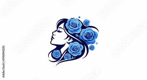 Stylized side profile of a woman's head with flowing dark blue hair adorned with vibrant blue roses