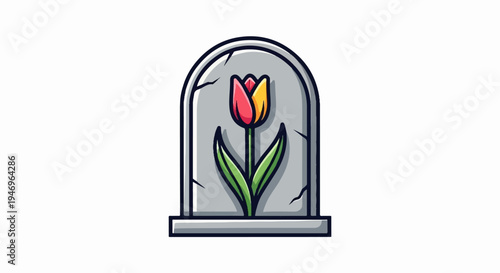 Illustration of a cracked grey tombstone with a vibrant red and yellow tulip, symbolizing life and remembrance