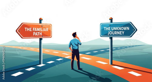 Man standing at crossroads decision.