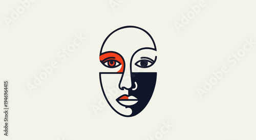 A minimalist, abstract line art illustration of a human face with segmented red and dark blue fills
