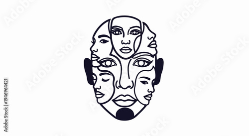 Abstract line art depicting multiple human faces overlapping and merging into one form, minimalist design