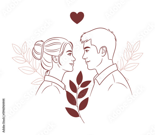 Vector of a couple facing each other with leaves and a heart above them