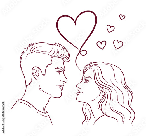 Romantic vector with a man and woman facing each other and surrounded by heart shapes