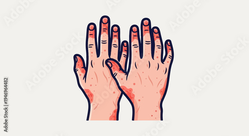 Illustration of two hands showing symptoms of a skin condition with redness and spots against a white background