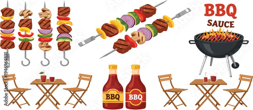 BBQ and Grilled Food Icon Set Featuring Skewers, BBQ Sauce, Grill, and Outdoor Dining for Summer and Food Celebration Designs