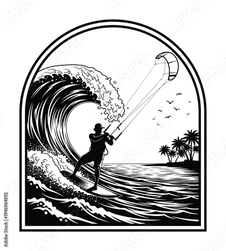 Vector of a kitesurfer riding a wave with a kite soaring in the air near a tropical island