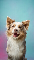 Acrylglasbilder Tierarzt Lachender Border Collie auf Pastellblau  © Anna Averianova