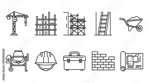 A collection of simple line art icons representing various construction tools and elements, including a crane, building, scaffolding, ladder, wheelbarrow, and blueprint.