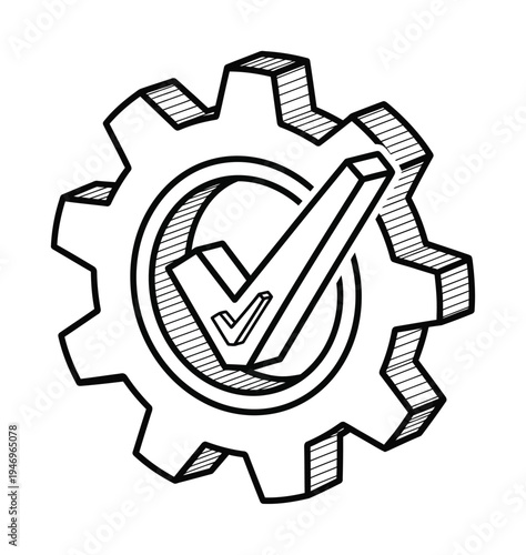 Vector of a gear with a checkmark symbolizing approval or success in a mechanical process