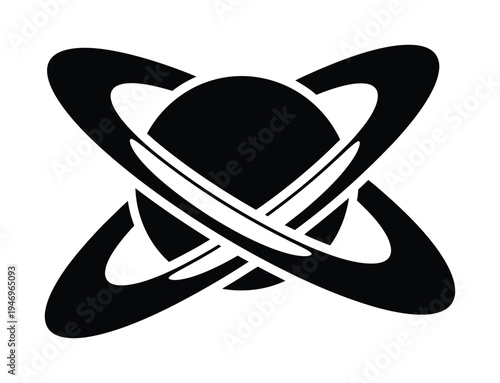 Stylized vector graphic of a planet with prominent rings encircling it in a minimalistic design