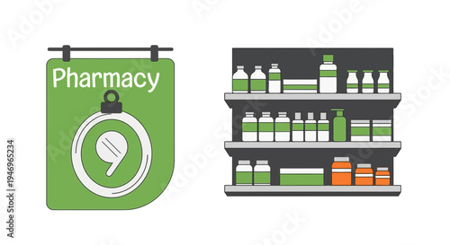 Pharmacy Sign With Medication Shelves, Healthcare, Modern Vector Illustration Design
