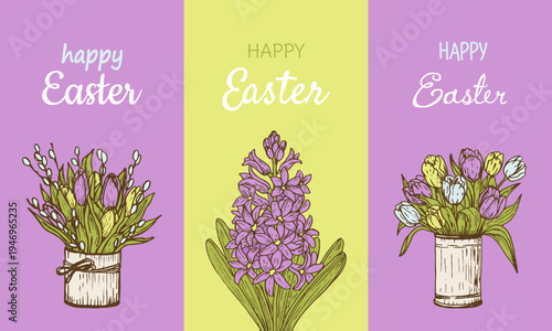 Set of Happy Easter cards on kraft paper, hand-drawn, flowers tulips, hyacinth, willow branches