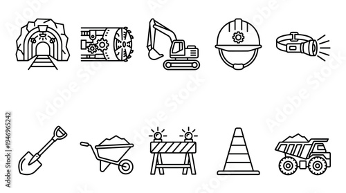 A collection of simple black line icons depicting mining and construction equipment, including a tunnel, excavator, hard hat, and dump truck.