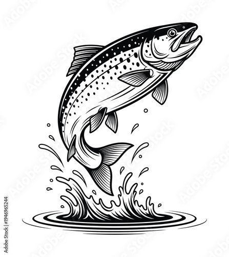 Vector of a large spotted fish jumping out of splashing water