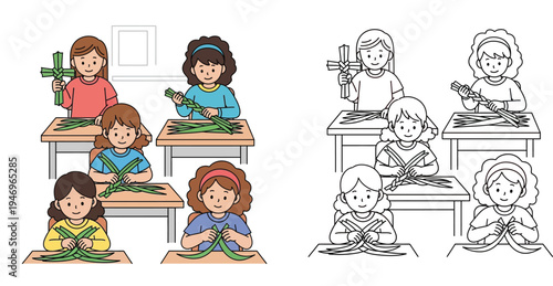 Children Making Palm Crosses for Palm Sunday Celebration