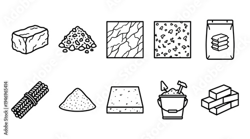 A collection of simple black and white line art icons representing various construction materials and tools for building projects.