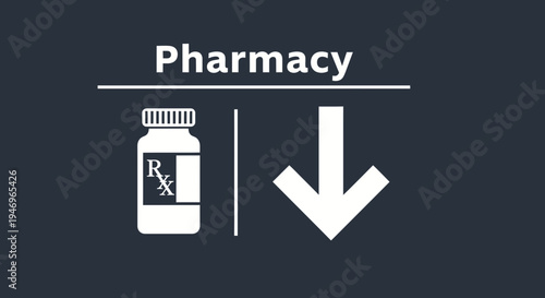 Pharmacy Symbol: Prescription Medication Icon with Arrow Indicating Decreasing Access