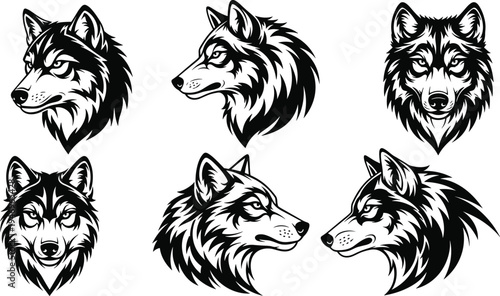 Black and white wolf heads in various poses and expressions wolves animal