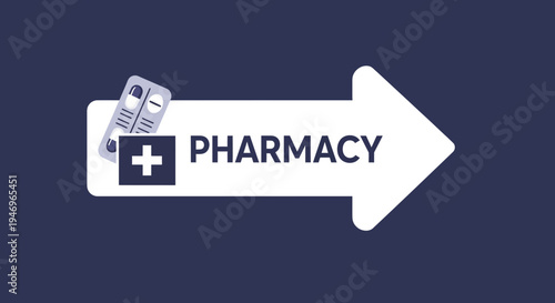 Pharmacy Symbol Design With Pills and Directional Arrow on Dark Blue Background