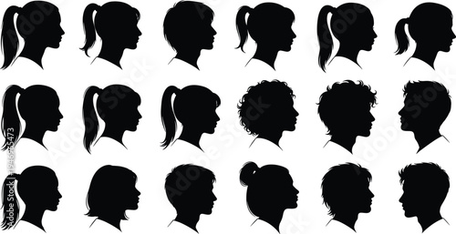 Large collection of diverse human head profile silhouettes featuring men and women with various hairstyles and haircuts isolated on a clean white background